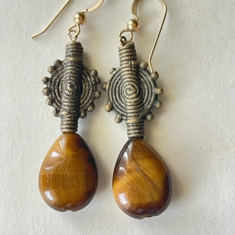 Gold and Brown Tribal-Inspired Earrings with Natural Tigereye Teardrop - Picture 2 of 3